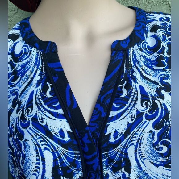 EUC DANA BUCHMAN Blue/Black Boho V-Neck Button Up Long Sleeve Blouse Size 6 - Picture 3 of 13